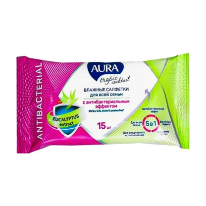 Влажные салфетки AURA в ассортименте,  15 шт