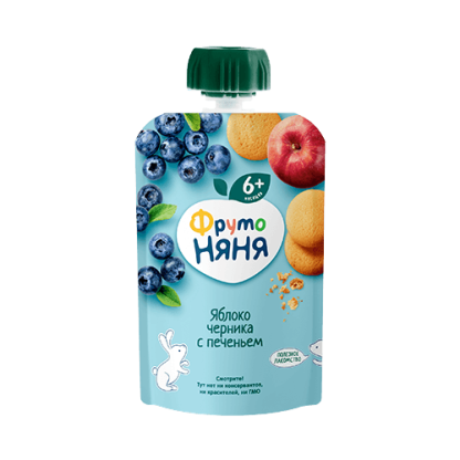Пюре Фрутоняня Яблоко, черника с печеньем,90 г