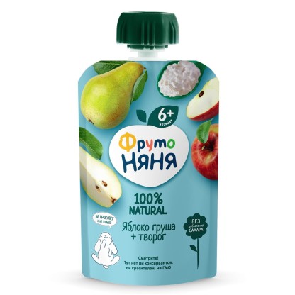 Пюре Фрутоняня яблоко, груша+ творог,90 г