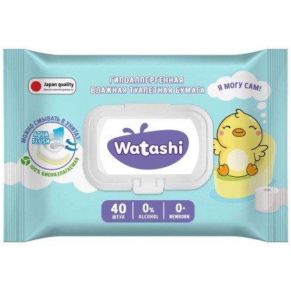 Влажная туалетная бумага Watashi 0+ 40шт