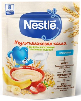 Каша NESTLE Мультизлаковая с кусочками земляники садовой и бананои (с 8 мес), 200 г