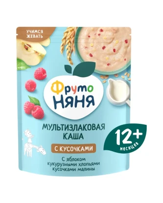 Каша Фрутоняня мультизлаковая с кусочками  яблоко, кукурузными хлопьями и малины