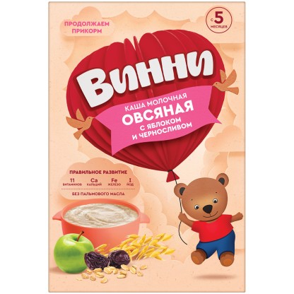 Каша Винни молочная овсяная с яблоком и черносливом (с 5 мес), 200г.
